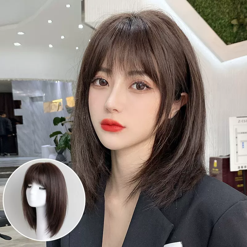 真人发丝假发女士全头套真发许昌假发中短直法式刘海假发全头发型