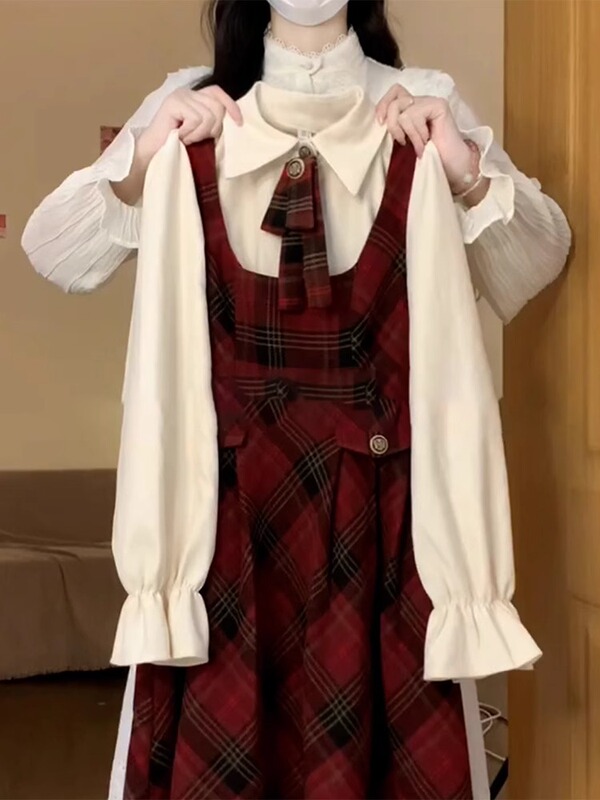 过年穿搭红色格纹背带连衣裙子女秋冬季2025新款新年战袍长裙套装|undefined
