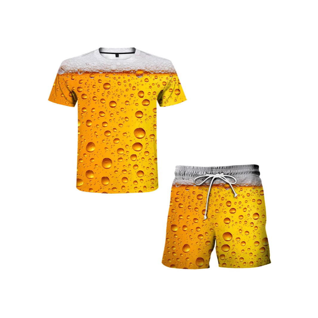 Cross-Border Export New 3D Digital Printing Beer Series Men's Summer Cool and Breathable Short-Sleeved Shorts Suit