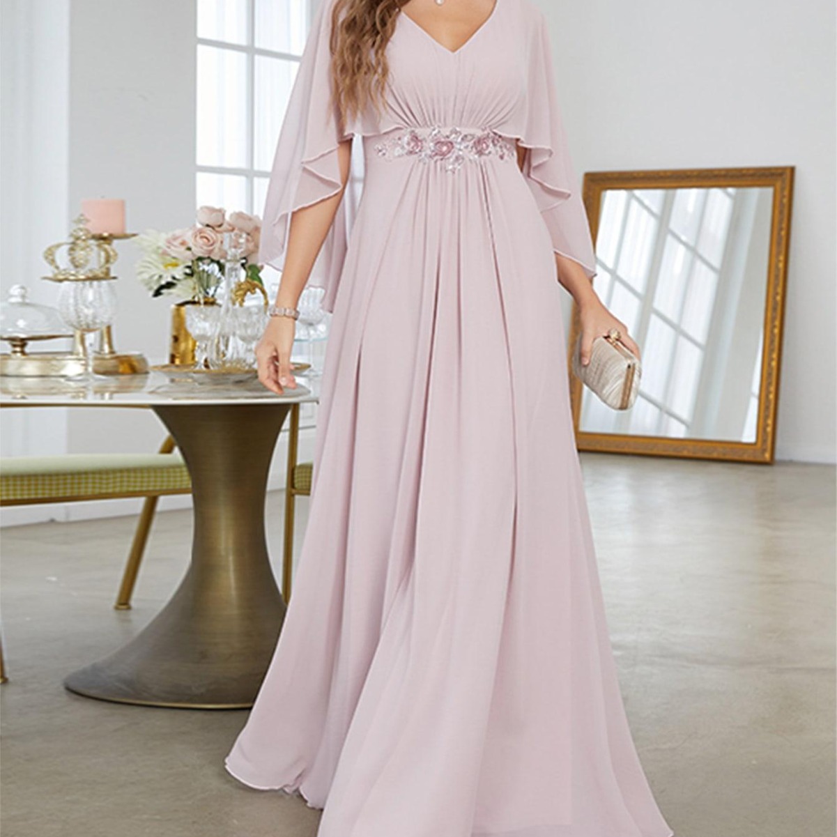 Vestido de Noche con Lentejuelas de Poliéster con Mangas Acampanadas para Fiestas