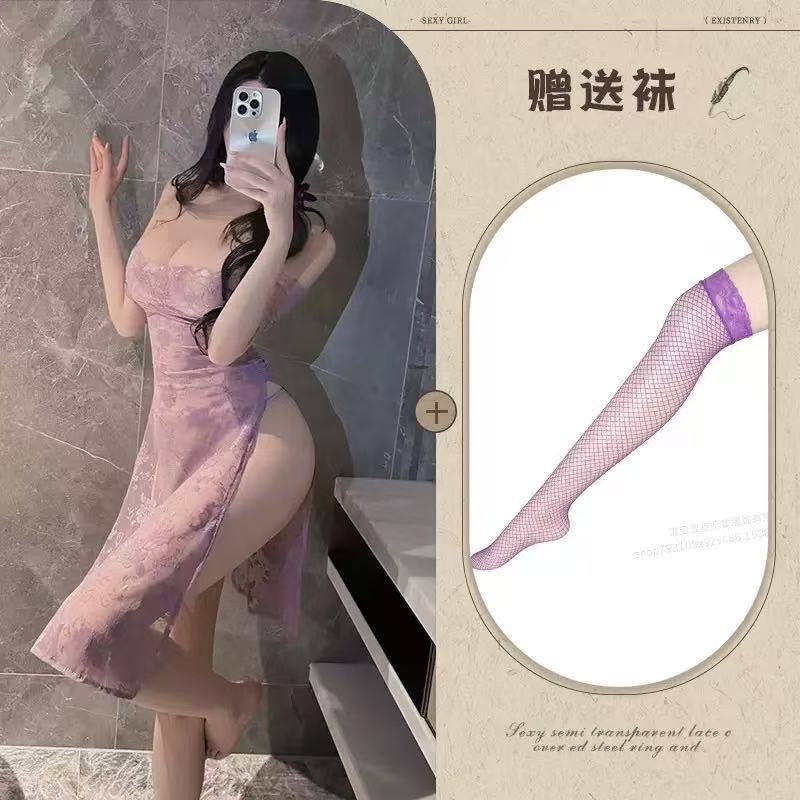 타로 보라색 롱 스커트 + T 바지 + 보라색 망사 스타킹