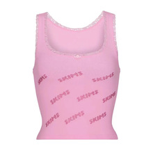 现货Ski*ms卡戴珊同款粉色烫钻字母logo蕾丝弹力吊带背心显瘦上衣