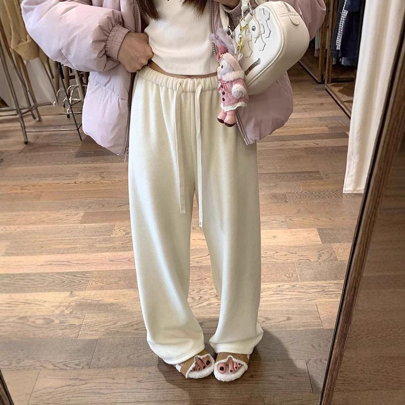 부드러운 왁스 타월 바지 가을과 겨울 기모 두꺼운 넓은 다리 바지 여자 데프 올 매치 플로어 길이 바지 느슨한 슬리밍 캐주얼 바지