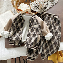 2025秋冬季新款菱形方块2件套男童中小童时尚潮流套装批发