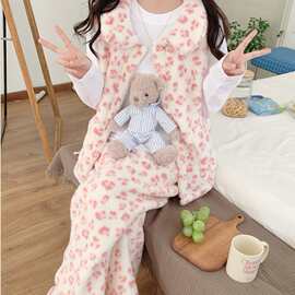 韩国ins粉嫩豹纹毛绒简约舒适睡衣套装休闲减龄家居服