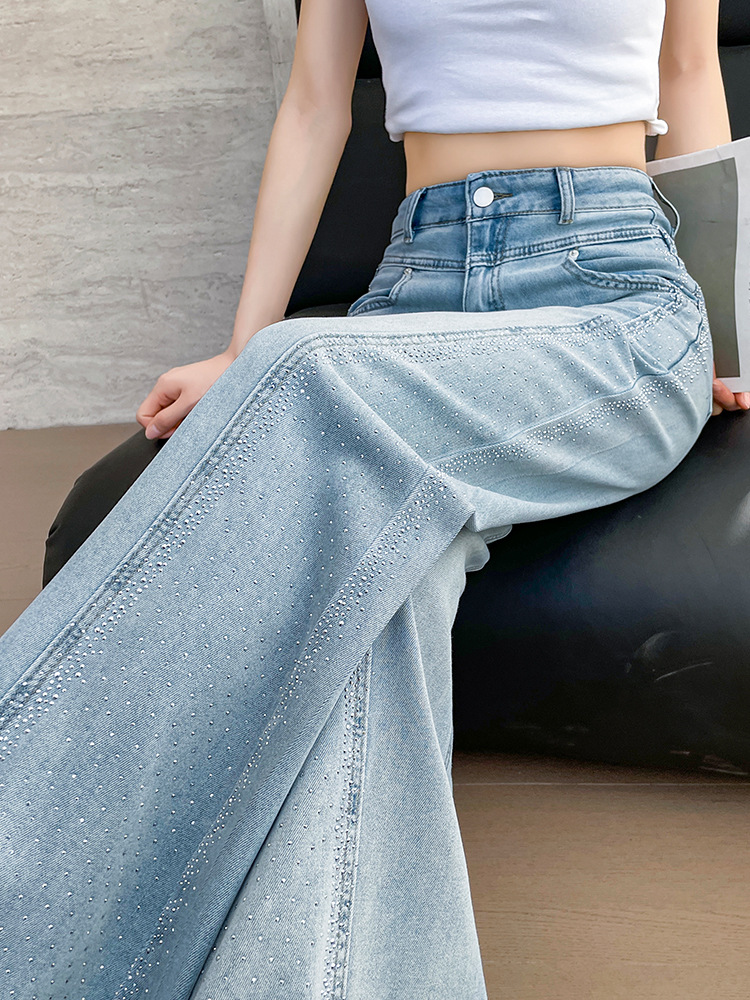 スカイブルーのラインストーン付きワイドレッグジーンズ、女性用、春・秋2026年新作、ハイウエスト、梨型体型向け、ゆったりストレートパンツ