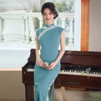2025 новый весенний и летний улучшенный cheongsam имитация уксусной кислоты ручной захват цветов ретро холодный темперамент повседневное платье двойной слой