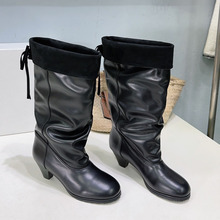 2025秋冬新款翻折短靴女时尚高跟粗跟堆堆靴圆头高筒长靴马丁靴