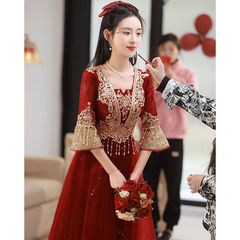 中国風の乾杯ドレス花嫁 2025 新しい夏ワインレッドロングハイエンド気質ホームカミングカジュアルドレス女性のための