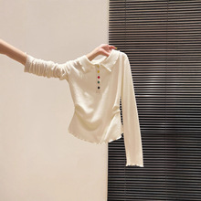 polo领彩色纽扣长袖t恤韩系女装秋季穿搭新款褶皱打底衫一件代发