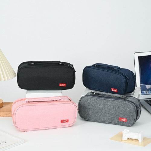 Minimalist Double-Layer Large Capacity Five-Compartment Canvas School Bag Oxford Color Pure Color Student Stationery Organizer Pencil Case