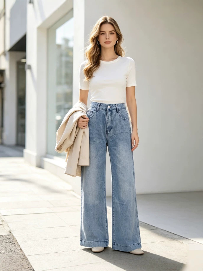 Jeans de Pierna Ancha para Mujer de Mezclilla de Algodón, Cintura Alta, Sin Elasticidad