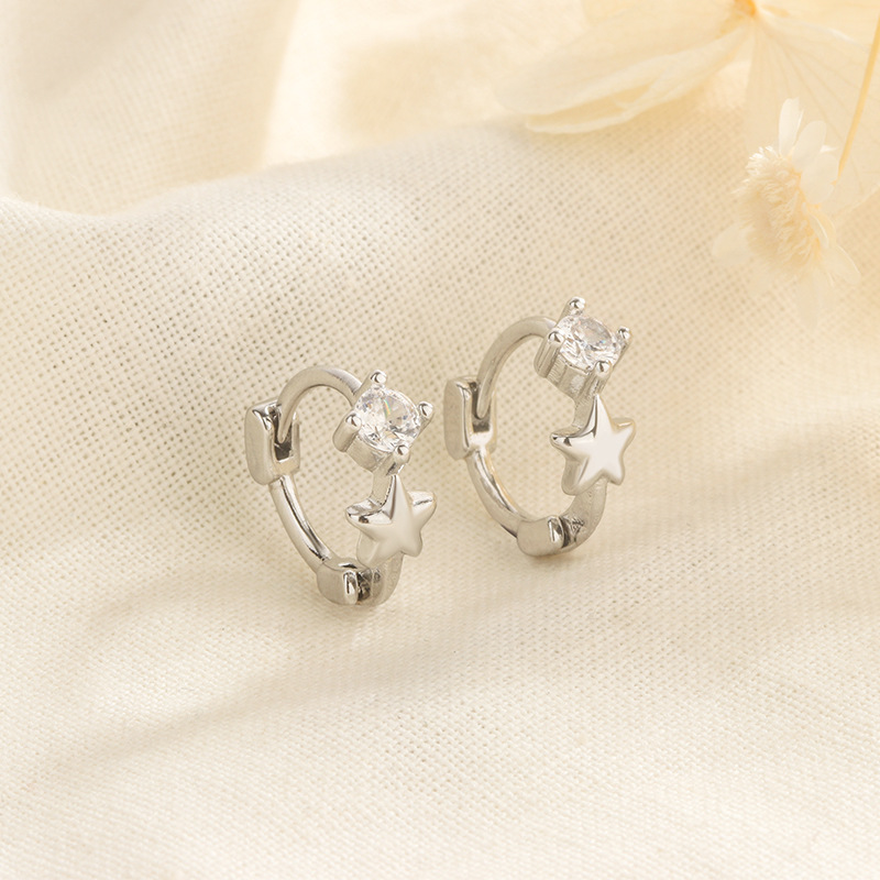 Daily Occasion 1 Pair Sweet Korean Style Star Inlay Copper Zircon Hoop Earrings