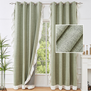 New American Style Thickened Linen Curtain Fabric Full Shading Iron Ring Linen Curtain Living Room Balcony Curtain Finished