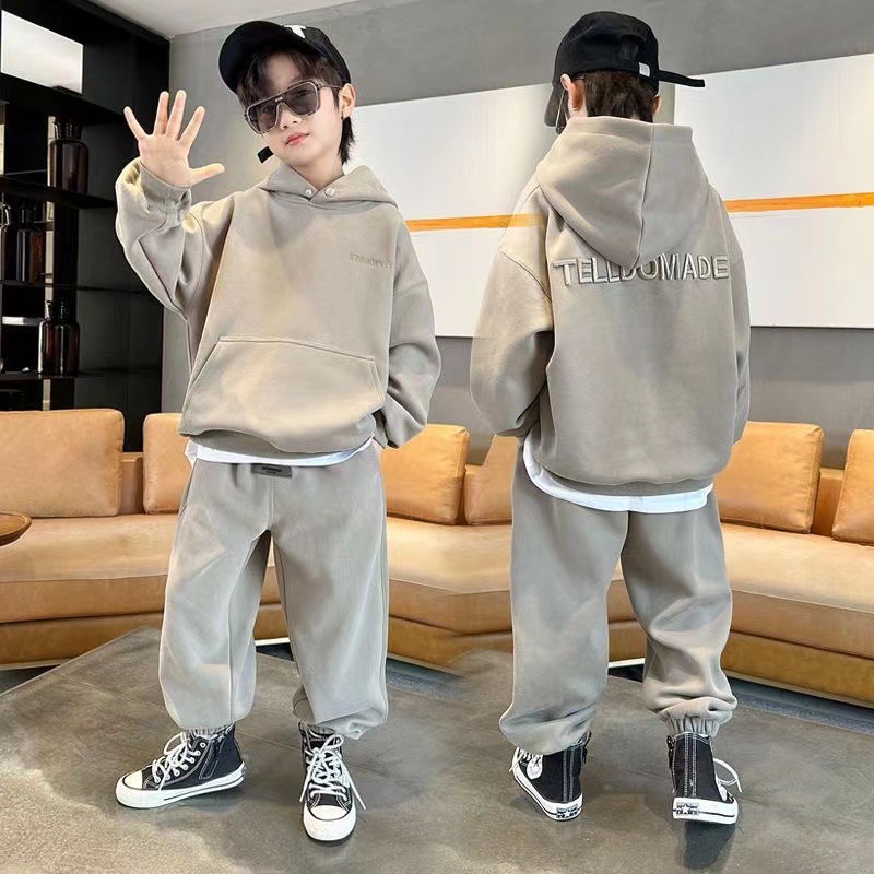 Children's Fashion Letter Casual Hooded Sweater Pants for Big Boys Loose Long sleeved Top and Leggings Set_voghion.com