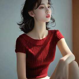 夏季多巴胺酒红色针织短袖T恤别致甜辣很仙的上衣女好看新款爆款