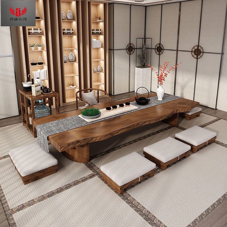 Mesa y silla de té de tatami de madera sólida combinación de tabla de té de madera de tronco, mesa de té Zen, mesa larga, mesa baja, balcón, nuevo medio image 1