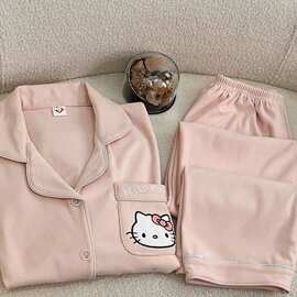 冬季新款睡衣女德绒翻领开衫长袖长裤甜美卡通保暖家居服套装