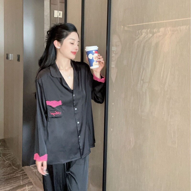 Ml025【Black Barbie】Xiaohongshu's Popular Ice Silk Pajamas for Women, High-End Lace Set That Can Be Worn Outside and at Home