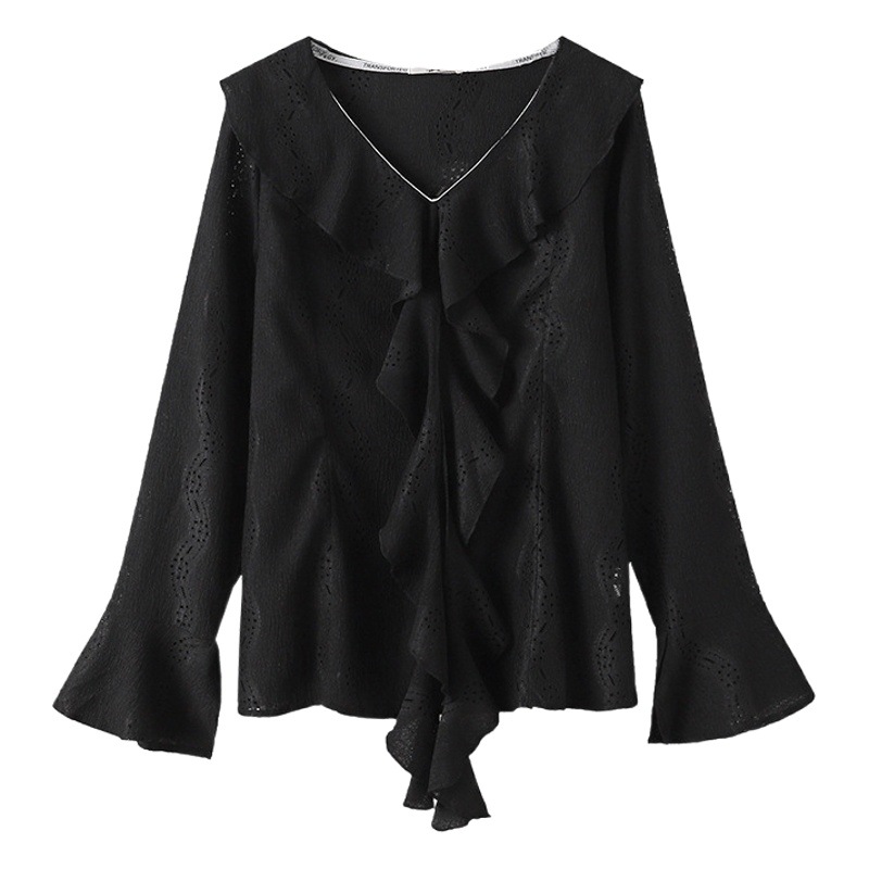 Deformation policy plus size women's clothing chubby girl long-sleeved lace chiffon shirt spring and summer design sense niche jacquard hollow top