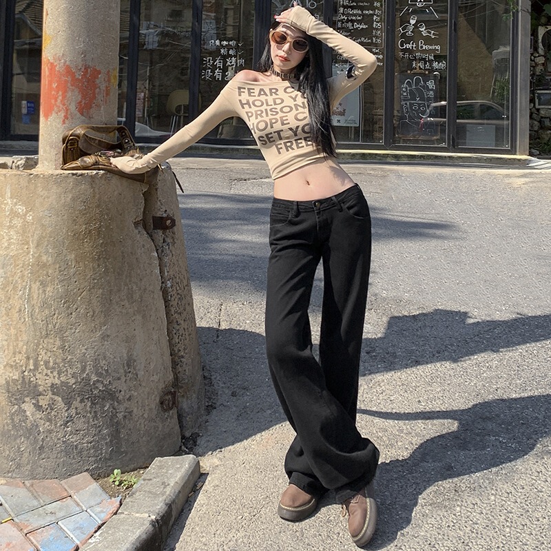 Black Low-Waist Loose Straight-Leg Flared Jeans for Women, Early Spring New American Retro Style, Non-Tight-Fitting Floor-Length Pants