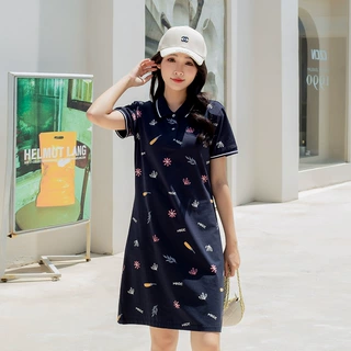 纯棉短袖翻领印花棉连衣裙女夏2025新款休闲中长款裙子D8327