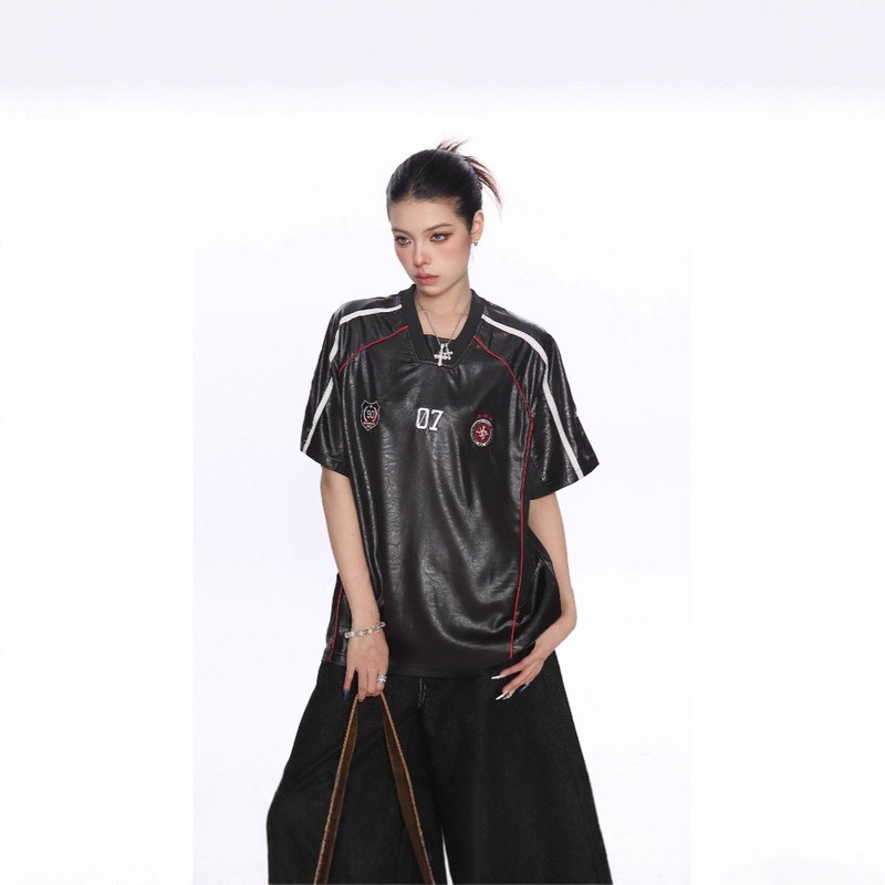 Summer New Jersey Style Splicing Jersey Short-Sleeved T-Shirt for Men and Women American Retro Loose Couple Sports Tops