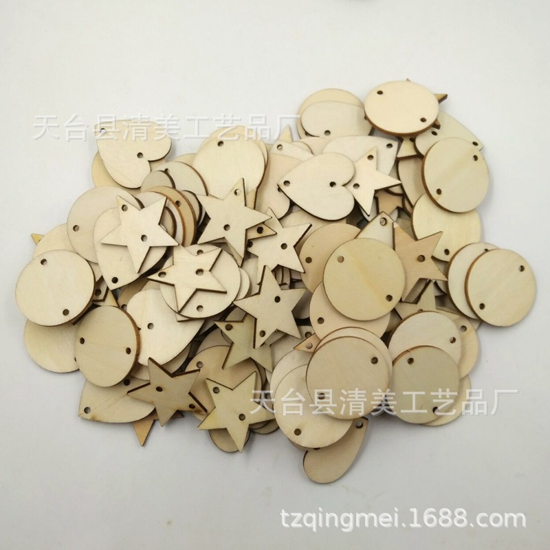 35mm doble agujero redondo de madera chip/Corazón de melocotón/Estrella de cinco puntas/en forma de corazón/amor madera chip mezclado Decoración Accesorios de madera