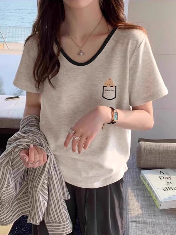 米灰色撞色短袖T恤女正肩纯棉宽松显瘦遮肚休闲百搭小个子V领上衣|undefined
