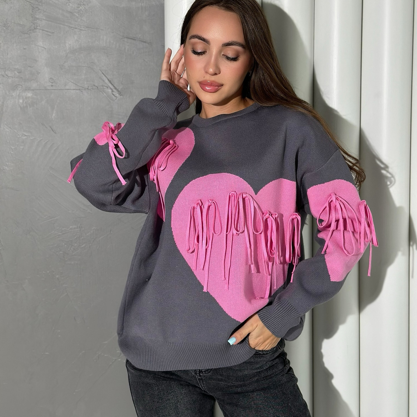Women's Clothing bow heart tassel color matching sweater slim fit versatile_voghion.com