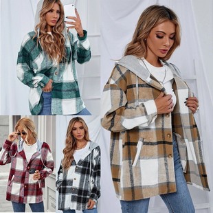 Cross-Border 2021 Amazon Independent Station European and American Autumn and Winter New Flannel Plaid Hooded Woolen Jacket for Women