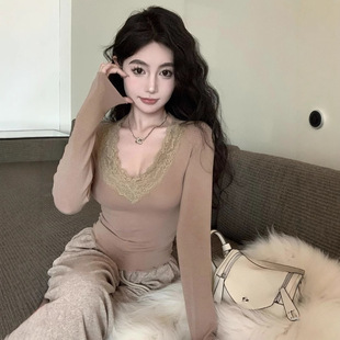 Pure Desire Lace V Neck Bottoming Shirt Women's Autumn and Winter New Tight Sexy Slimming Short Long Sleeve T-Shirt Top