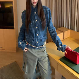 牛仔小香风外套女装秋季宽松小众肌理感立领蓝色夹克百搭气质上衣