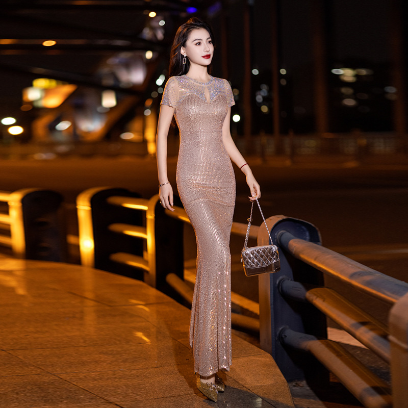 High-end Evening Dress Elegant Elegant Skinny Art Test Banquet Wedding Birthday Host Sequin Fishtail dress