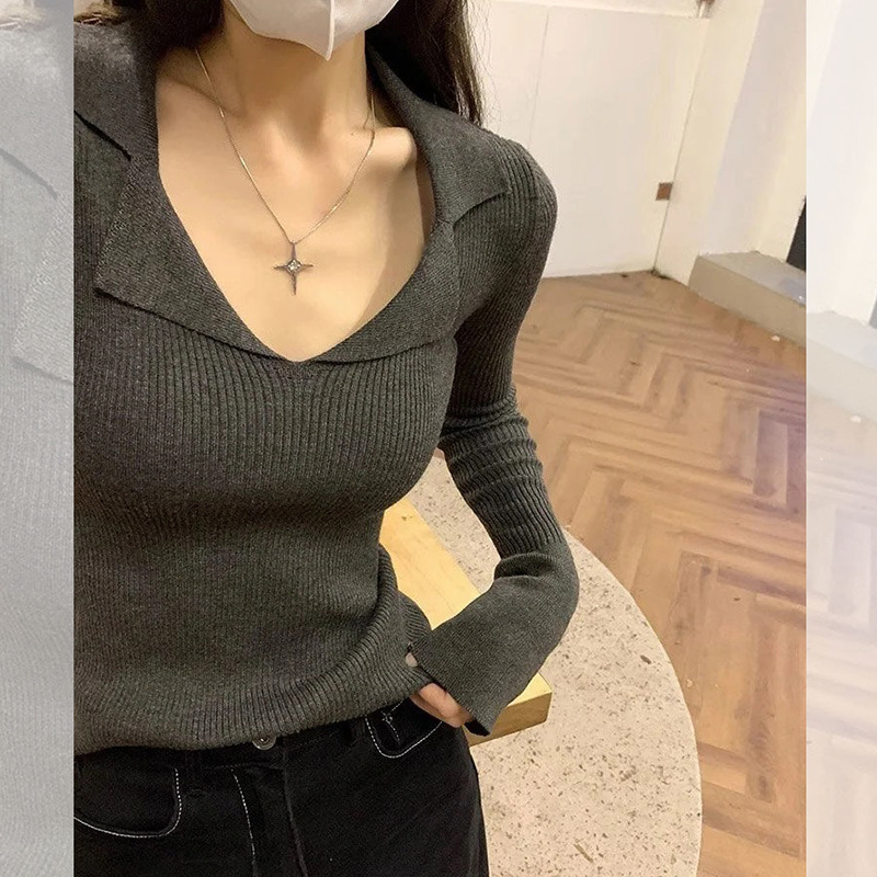 Ready Stock Sexy and Cute Polo Collar Knitwear for Women Early Autumn Thin Design Bottoming Wool Top Knitwear