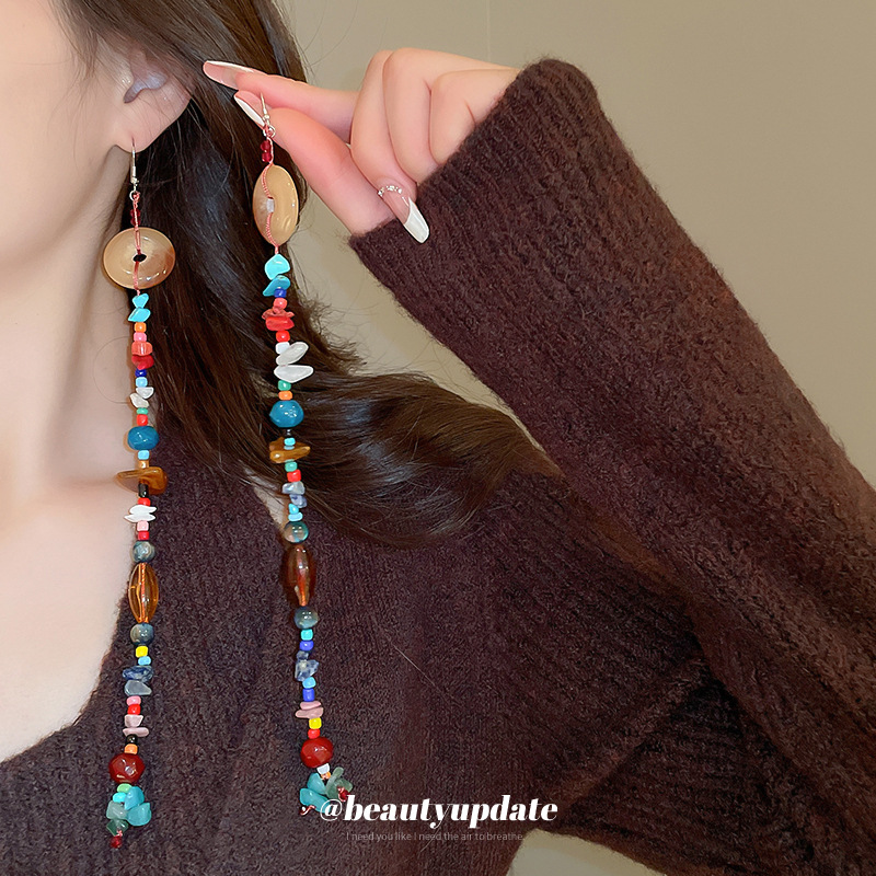 Pendientes de cuentas de resina de color irregular de estilo étnico Pendientes de borla ultralargos Pendientes frescos pequeños retro al por mayor