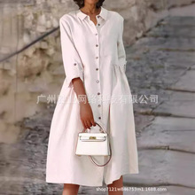 2025新款跨境外贸欧美女装现货春夏季纯棉棉麻纯色宽松插袋连衣裙