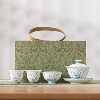 羊脂玉瓷手绘兰花盖碗茶杯中式高端礼品功夫茶具小套组高档礼盒装