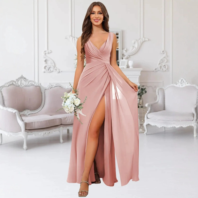 Long Sleeveless Slit Bridesmaid Dress with a Cinched Waist for a Slimming Effect, Suitable for Weddings, Sister Groups, Banquets, Parties, and Evening Events