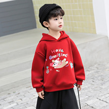 男童红色连帽卫衣加绒加厚2025新款圣诞节中国风卡通印花保暖上衣