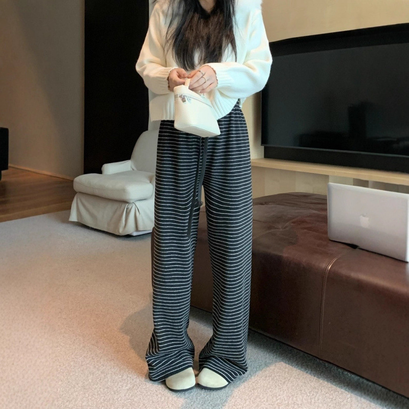 慵懒感条纹直筒遛弯裤垂感毛巾裤女秋季加厚垂感休闲羊绒阔腿裤|undefined