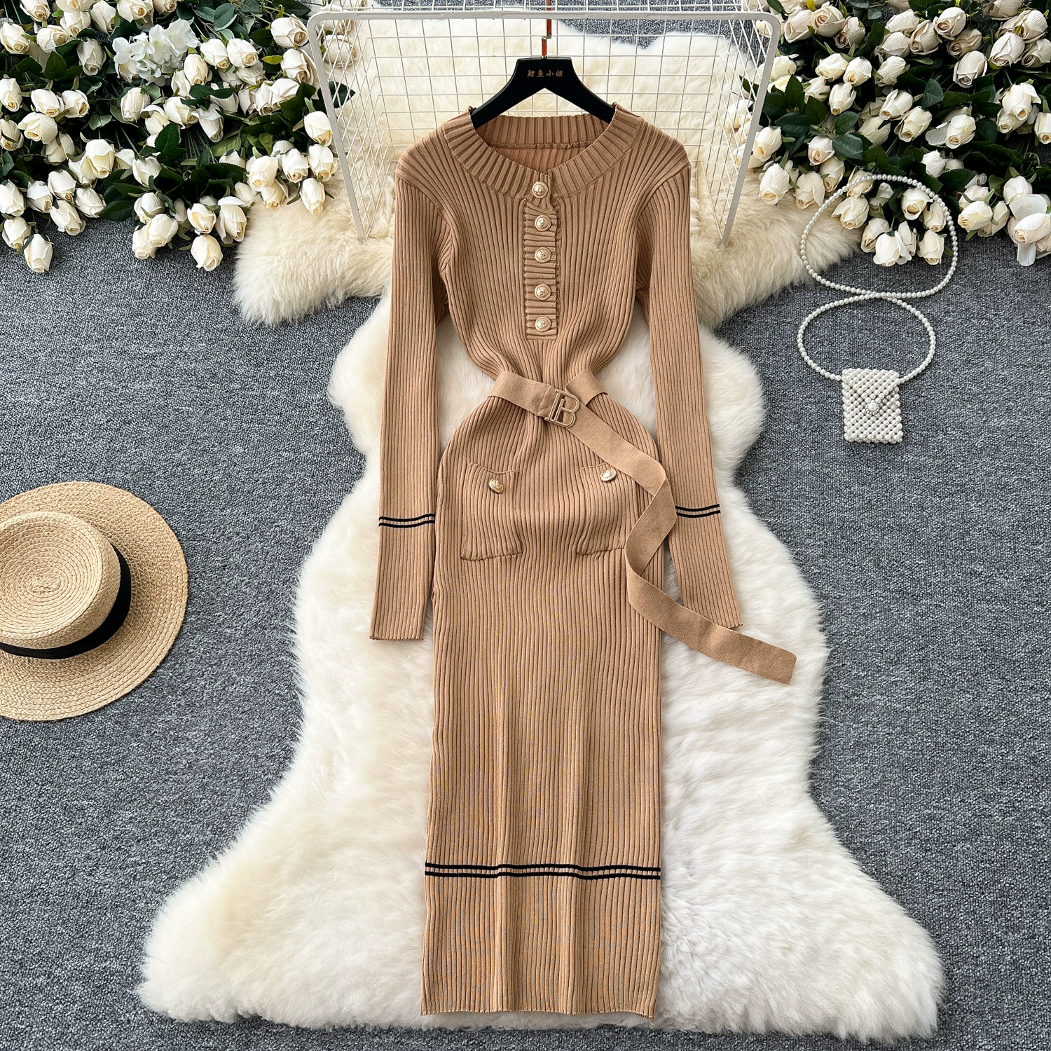 Продвинутый аромат маленький ароматный ветер с круглым вырезом из металлической пряжки, талия тонкая темпераментная длинная юбка осеннее и зимнее трикотажное платье