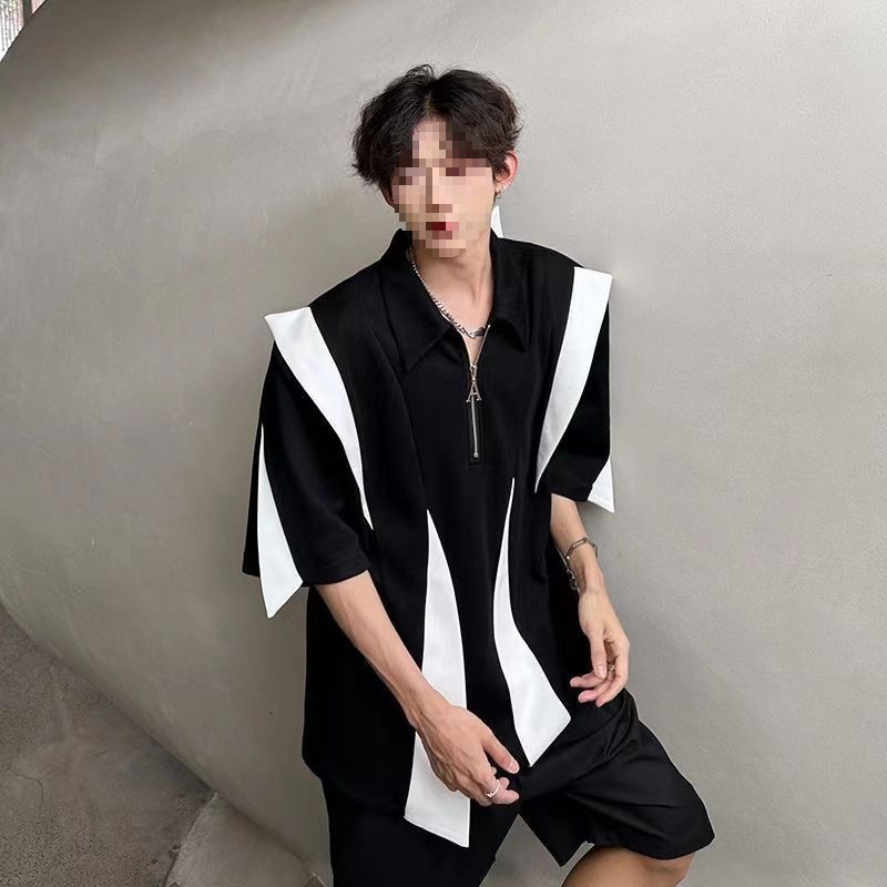 Camiseta de media cremallera de peso pesado retro americano almohadilla de hombro de costura polo camisa de manga corta para hombres con sentido del diseño de verano para hombres