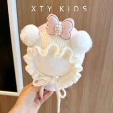 可爱女宝宝帽子秋冬季公主蝴蝶结花边针织护耳帽超萌小月龄婴儿帽