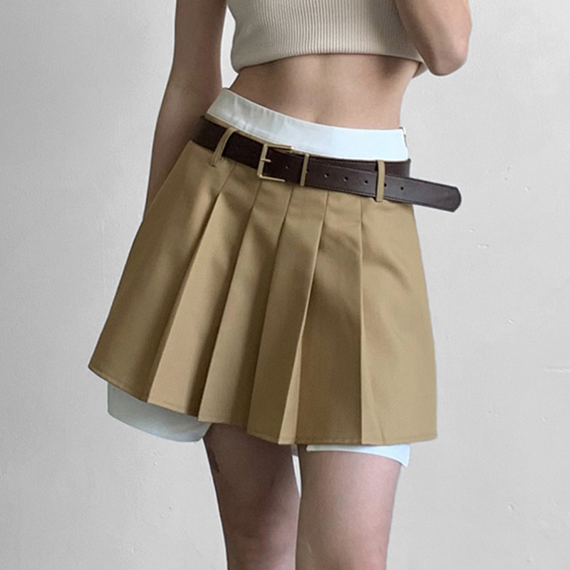 color matching high waist fake two-piece pleated skirt with belt NSGWY123145