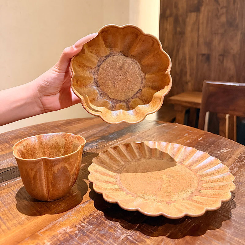 Zen-Inspired Japanese Retro Rustic Pottery Tableware with Wood Grain, Wabi-Sabi Style Petal Bowl, Household Noodle Bowl, Deep Plate for Restaurant Commercial Use Zen-Inspired Japanese Retro Rustic Pottery Tableware with Wood Grain, Wabi-Sabi Style Petal Bowl, Household Noodle Bowl, Deep Plate for Restaurant Commercial Use