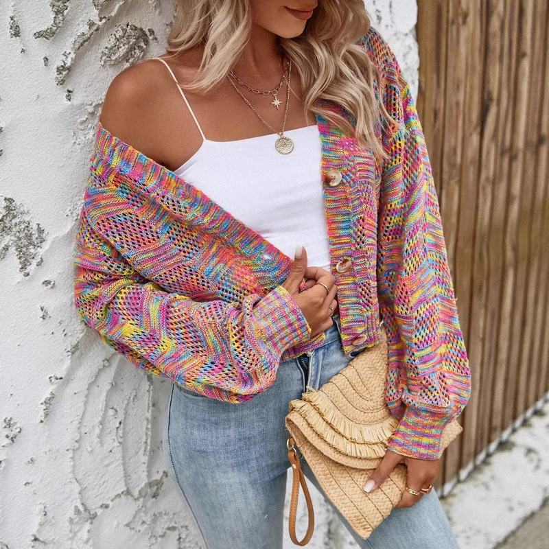 2025 Winter New Rainbow Gradient Short Cardigan Knit Jacket with Buttons Amazon Export Shirt