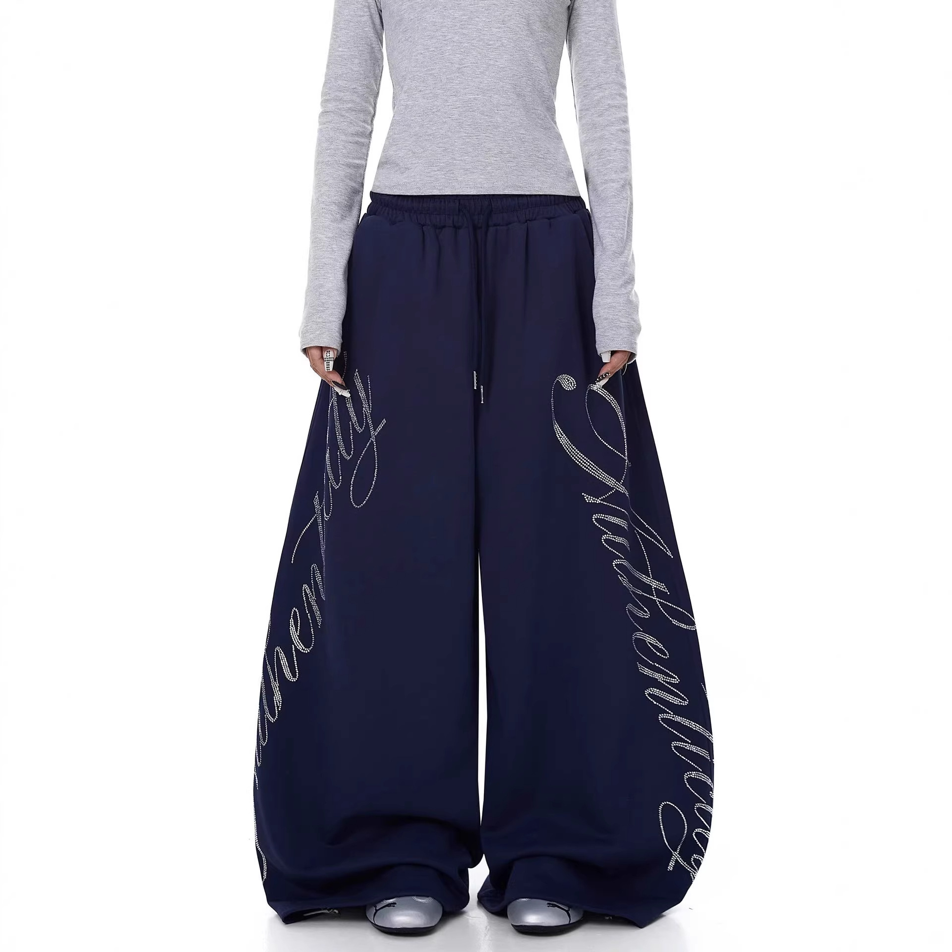 American retro style hot-stamped rhinestone letter design curved blade sweatpants, unisex loose casual versatile elastic waist wide-leg trousers