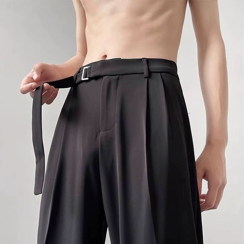 Casual Men's Summer Thin Trendy Drape High-End Straight Pants High Street Stylish Black Wide-Leg Trousers