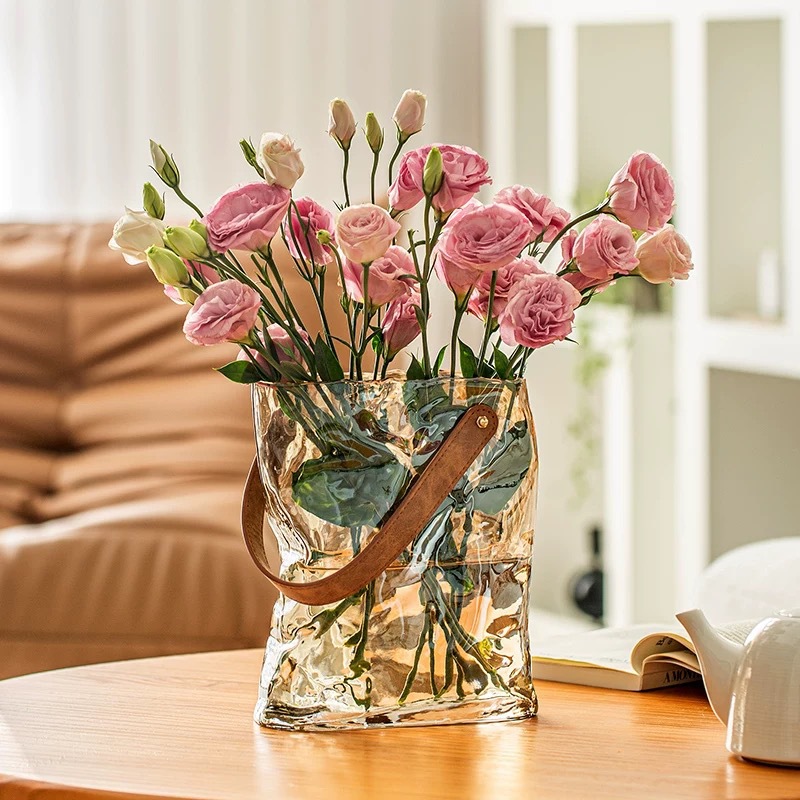 Xiaodongshu mismo bolso florero de vidrio Internet estilo celebridad de alta apariencia sala de estar arreglo floral decoración artesanía